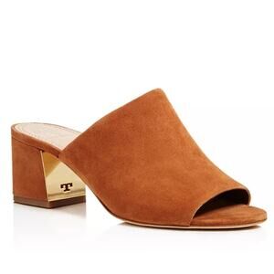 Tory Burch Salinas Mule Suede Leather Open Toe Block Heel Sandals, Tan